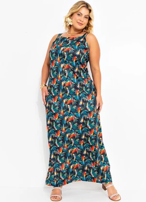 Marguerite - Vestido Folhagem Araras em Jersey Acetinado - MARGUERITE