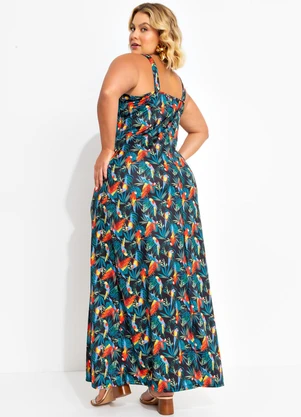 Marguerite - Vestido Folhagem Araras em Jersey Acetinado - MARGUERITE