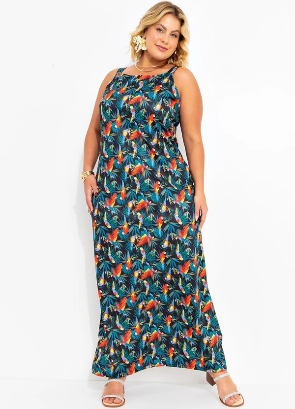 Marguerite - Vestido Folhagem Araras em Jersey Acetinado 1