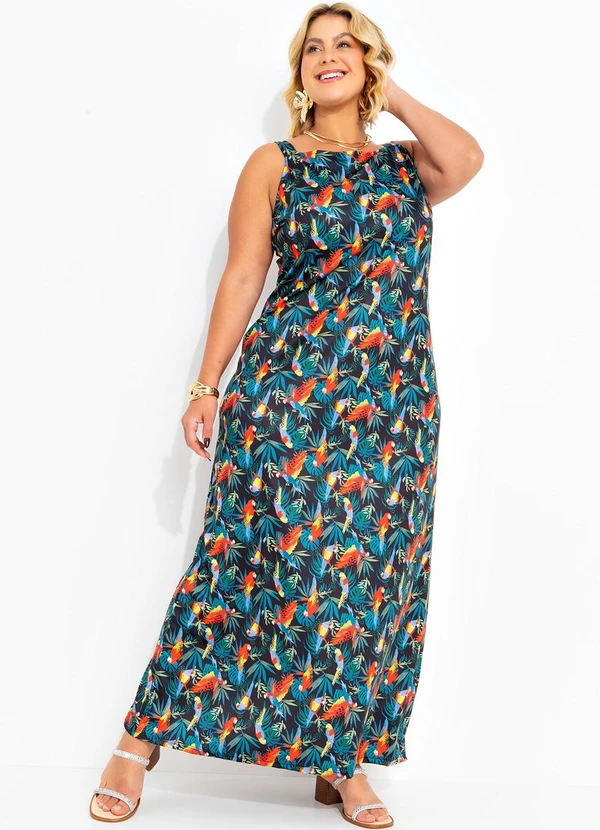 Marguerite - Vestido Folhagem Araras em Jersey Acetinado 3