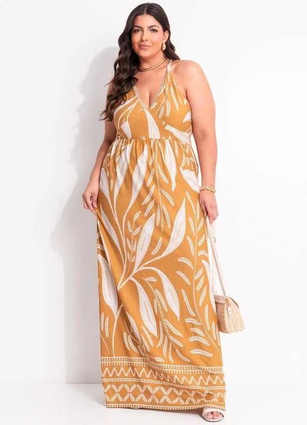 Marguerite - Vestido Folhagem Bege em Malha de Viscose