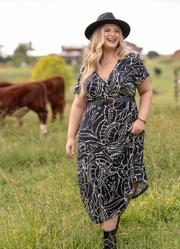 Vestido Folhagem Preta em Malha de Viscose