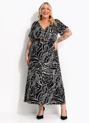 Marguerite - Vestido Folhagem Preta em Malha de Viscose - MARGUERITE