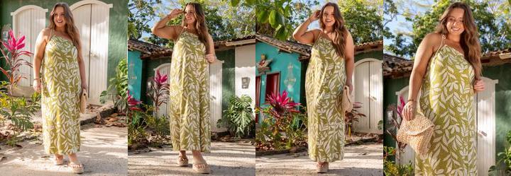 Vestido Folhagem Verde em Malha de Viscose