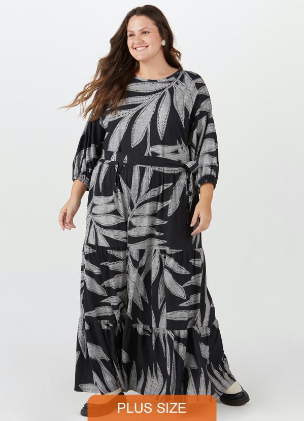 Malwee Plus - Vestido Folhagens Três Marias Plus Size Preto