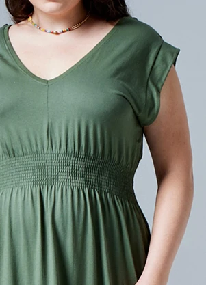 Basicamente - Vestido Gola V Longo Plus Verde Figo - BASICAMENTE