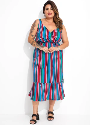 Decote V Vestido Listrado Plus Size Vestido Listrado Colorido Em