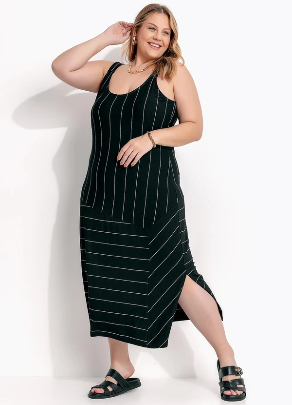 Marguerite - Vestido Listrado Preto e Branco em Malha de Visc