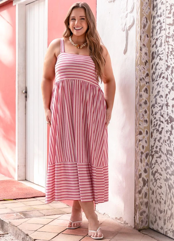 Marguerite - Vestido Listrado Rosa em Malha Fria