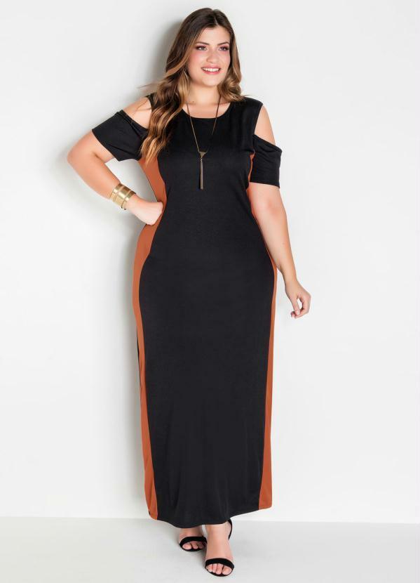 Vestido Longo Bicolor Plus Size (Preto)