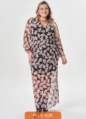 Lisamour - Vestido Longo Estampado de Manga Longa Preto - LISAMOUR