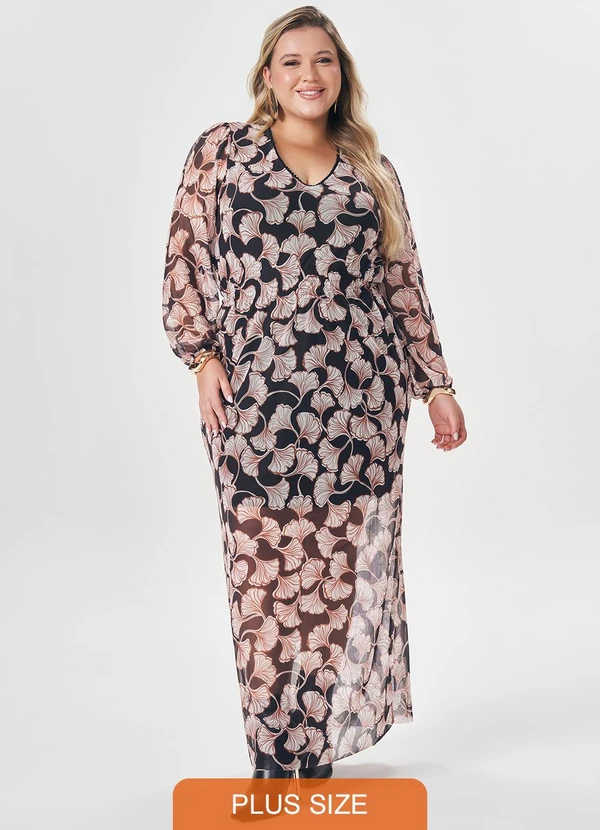 Lisamour - Vestido Longo Estampado de Manga Longa Preto