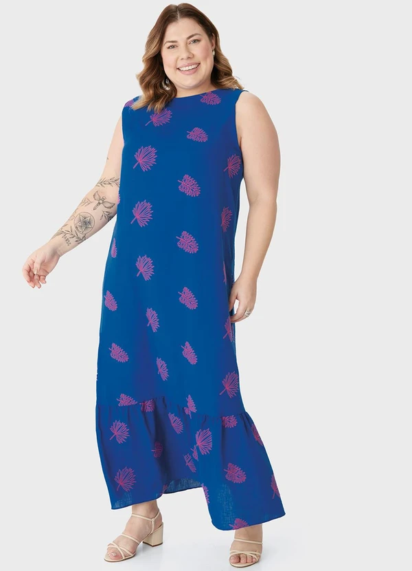 Malwee - Vestido Longo Evasê Bordado PlusAzul Royal