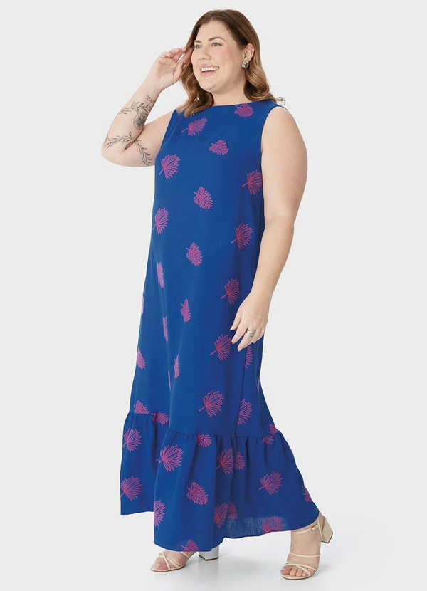 Malwee - Vestido Longo Evasê Bordado PlusAzul Royal