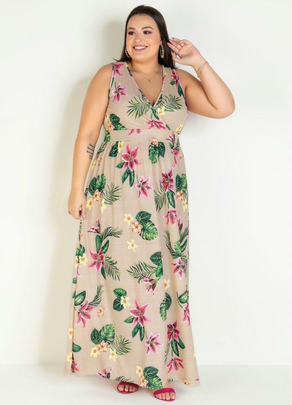 Marguerite - Vestido Longo Floral Bege Transpassado Plus Size
