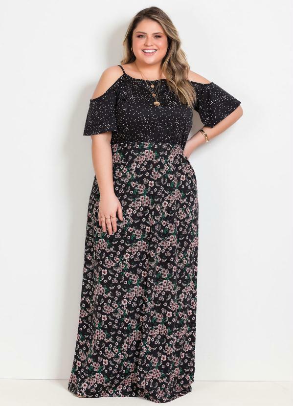 Marguerite - Vestido Longo Floral e Poá Plus Size