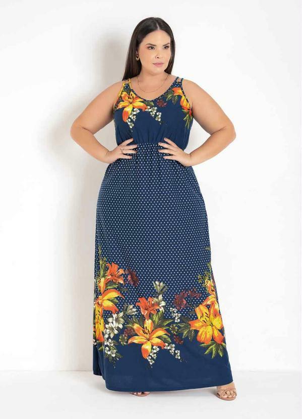 Vestido Longo (Floral Marinho) Plus Size