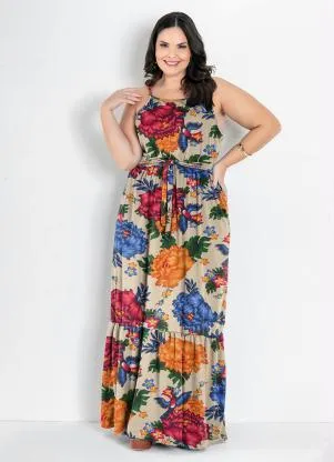 Marguerite - Vestido Longo Floral Nude com Babado Plus Size - MARGUERITE