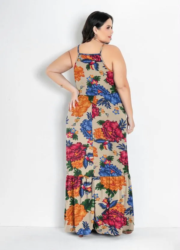 Marguerite - Vestido Longo Floral Nude com Babado Plus Size 3
