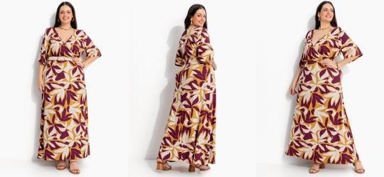 Vestido Longo Floral Roxo em Malha de Viscose com Elastano