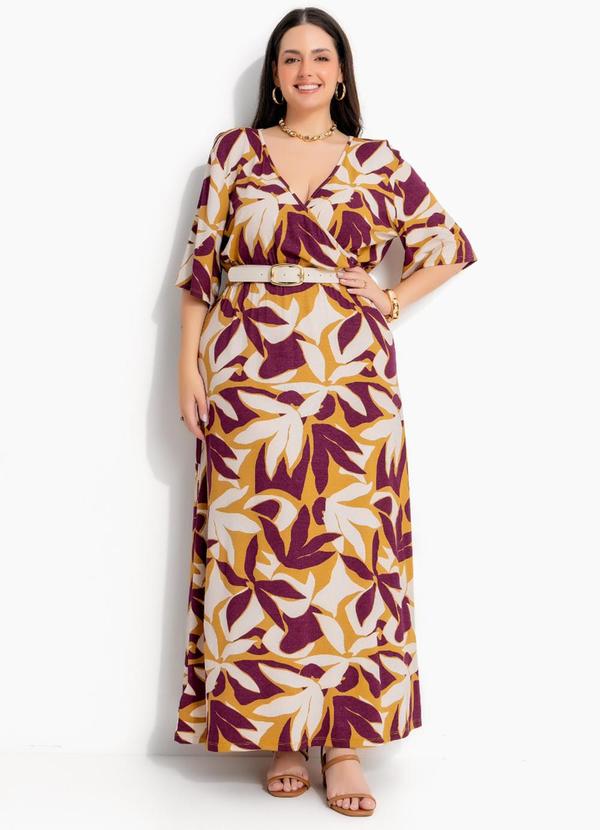 Vestido Longo Floral Roxo em Malha de Viscose com Elastano