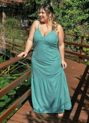 Vestido Longo (Floral Verde) com Babado Plus Size