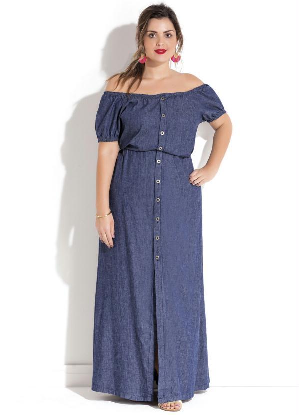 Quintess - Vestido Longo Jeans Ciganinha Plus Size