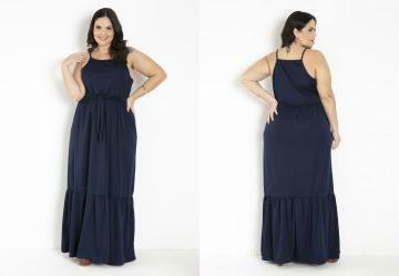 Vestido Longo Marinho com Babado Plus Size