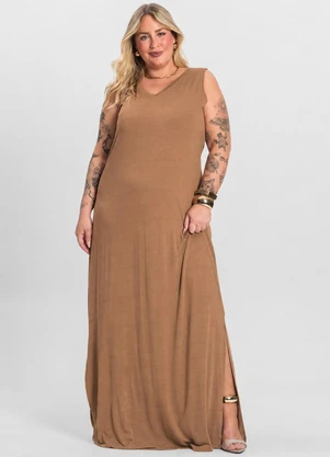Infinita Cor - Vestido Longo Plus Size Marrom - INFINITA COR