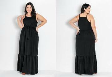 Vestido Longo Preto com Babado Plus Size