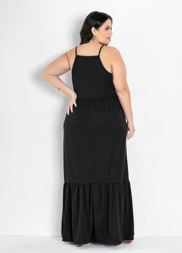 Marguerite Vestido Longo Preto com Babado Plus Size