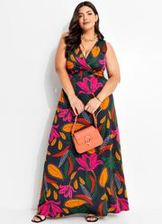 Vestido Longo Transpassado Plus Size Flor Preta