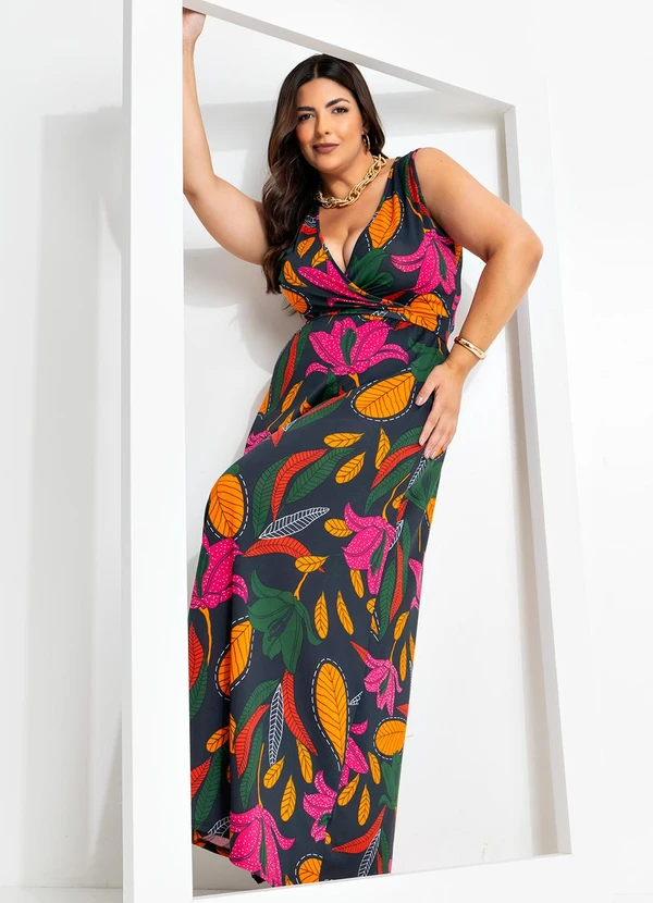 Marguerite - Vestido Longo Transpassado Plus Size Flor Preta 3