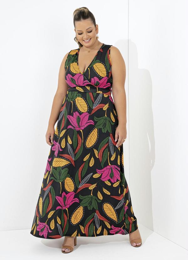 Marguerite - Vestido Longo Transpassado Plus Size Flor Preta 4