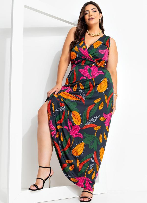Marguerite - Vestido Longo Transpassado Plus Size Flor Preta 5