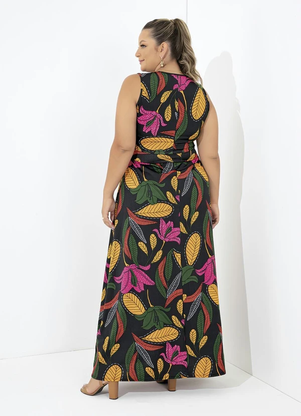 Marguerite - Vestido Longo Transpassado Plus Size Flor Preta