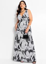 Vestido Longo Transpassado Plus Size Folhagem