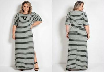 Vestido Mangas 3/4 Mescla Listrado Plus Size