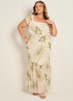 Lisamour - Vestido Midi Estampado com Babado Bege - LISAMOUR