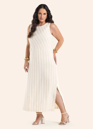 Secret Glam - Vestido Midi Viscolinho Listras Bege - SECRET GLAM