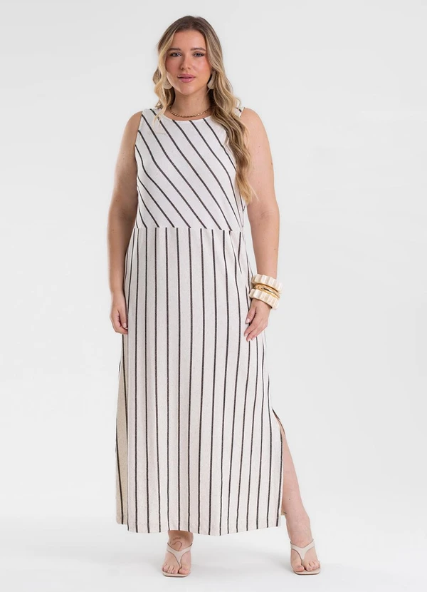 Secret Glam - Vestido Midi Viscolinho Listras Preto