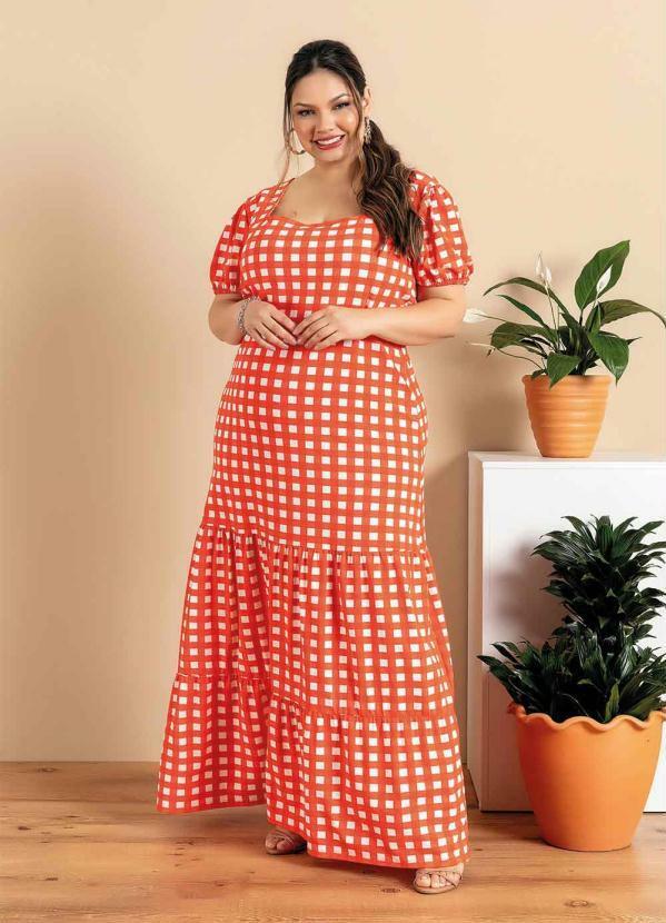 Mink - Vestido Plus Size Xadrez Vermelho com Babado
