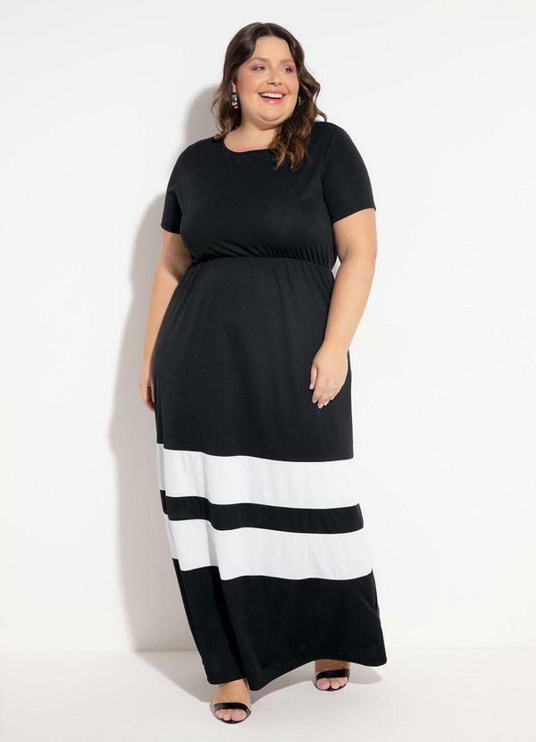 Vestido (Preto e Branco) Mangas Curtas Plus Size