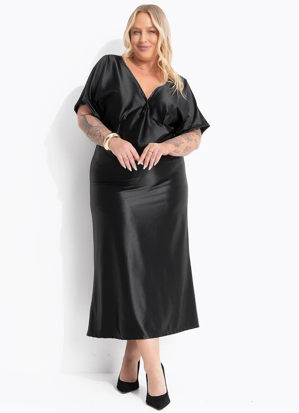 Marguerite - Vestido Preto em Malha Acetinada Encorpada