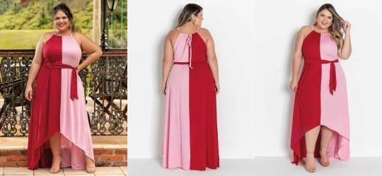 Vestido Rosa e Vermelho com Faixa Plus Size