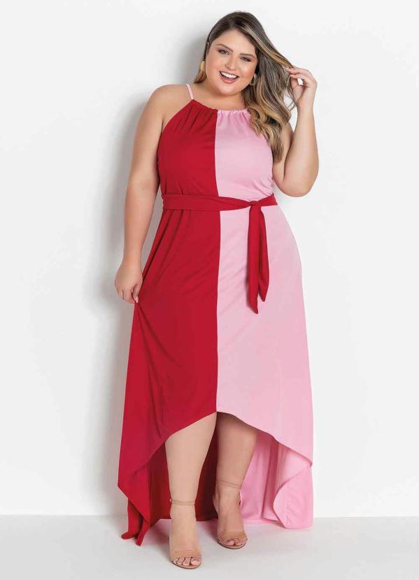 Marguerite - Vestido Rosa e Vermelho com Faixa Plus Size 2