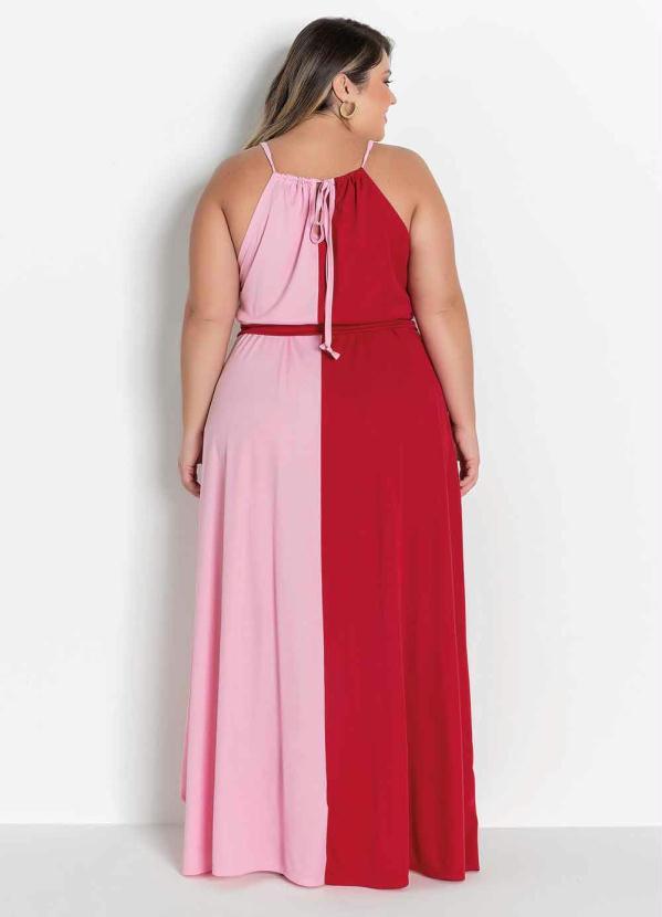 Marguerite - Vestido Rosa e Vermelho com Faixa Plus Size 3