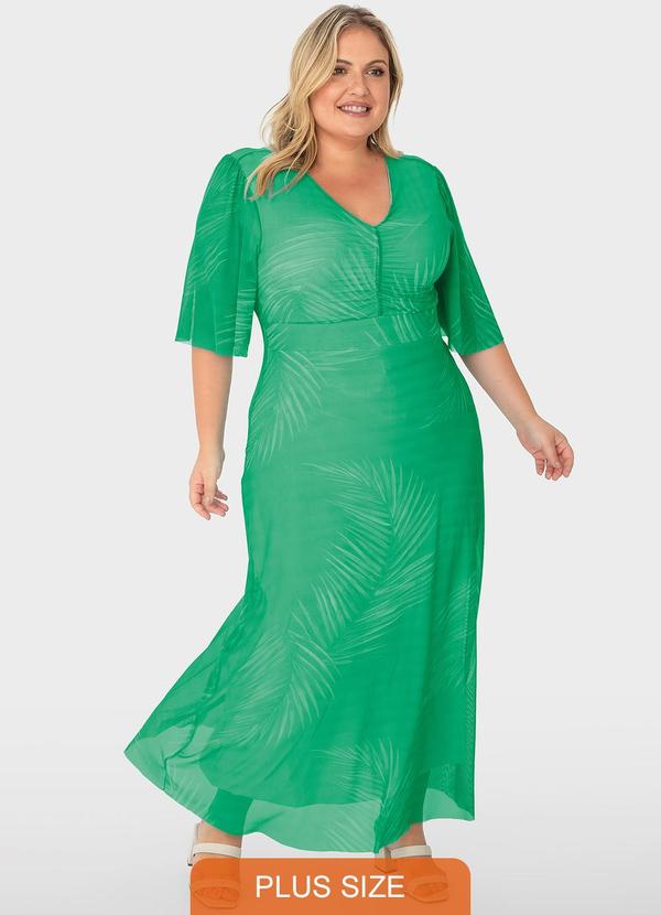 Malwee Plus - Vestido Verde Amplo Tropical em Tule