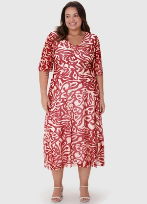 Malwee Plus - Vestido Vermelho Amplo Abstrato em Tule - MALWEE PLUS