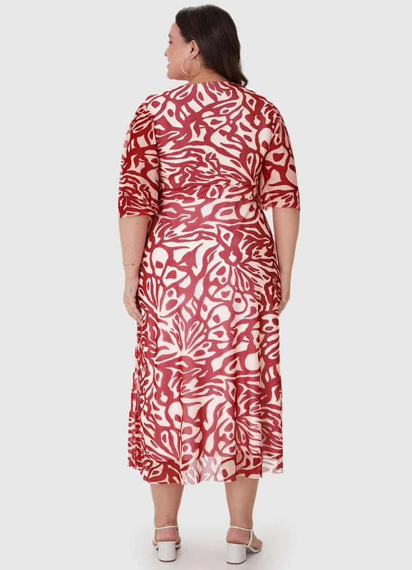 Malwee Plus - Vestido Vermelho Amplo Abstrato em Tule 4